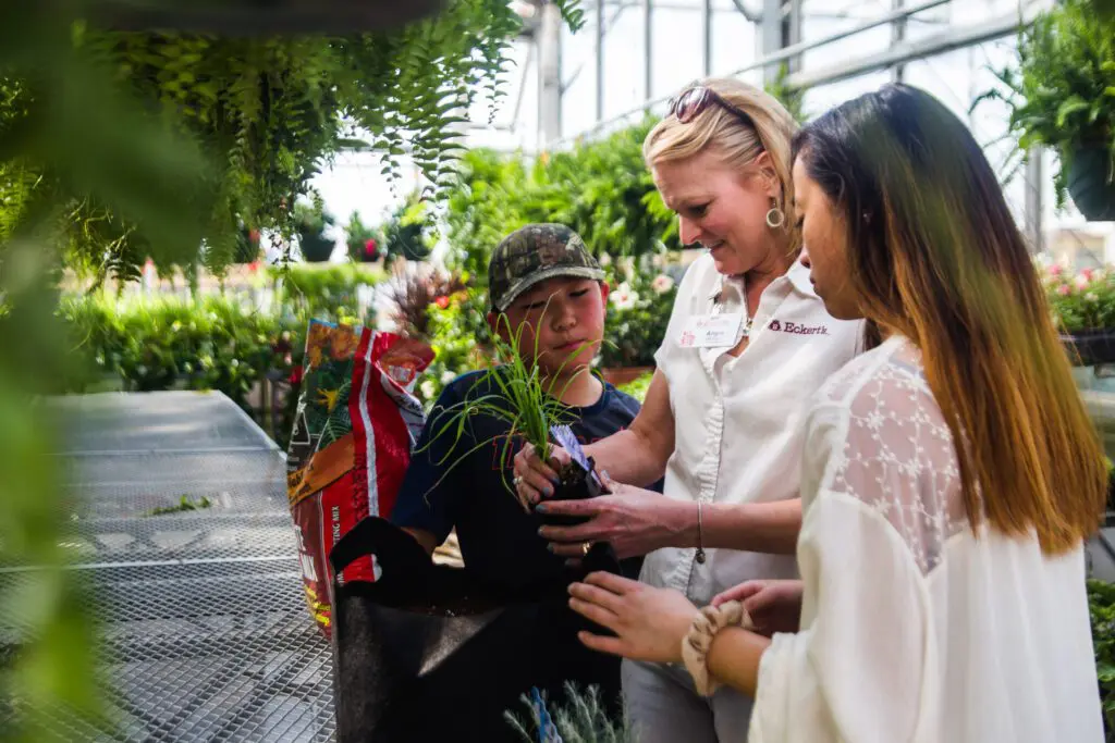 Plant enthusiast in Green House. Adult with 2 children looking at a plant.