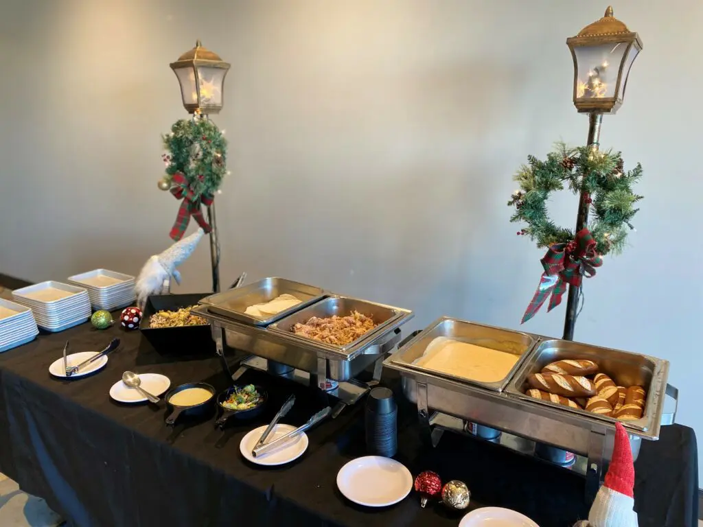 Holiday party in the Cider Shed. Picture of buffet table with food warmers.
