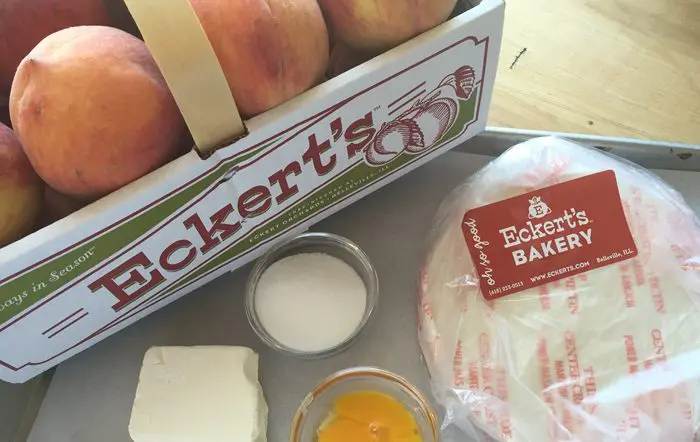 Ingredients for Peaches N' Cream Pie Pocket. Peaches in Eckert's box.