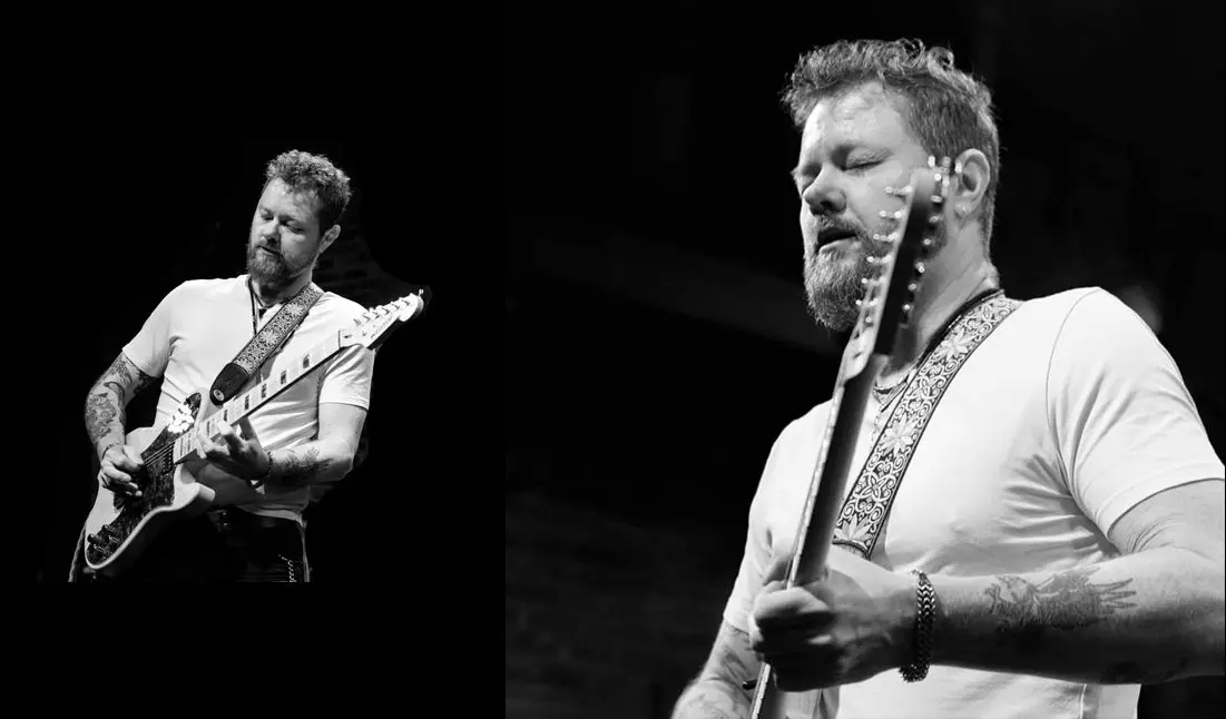 Cider Shed Live Music; Jeremiah Johnson Band. A split-screen of a tattooed musician playing guitar and singing passionately in black and white.
