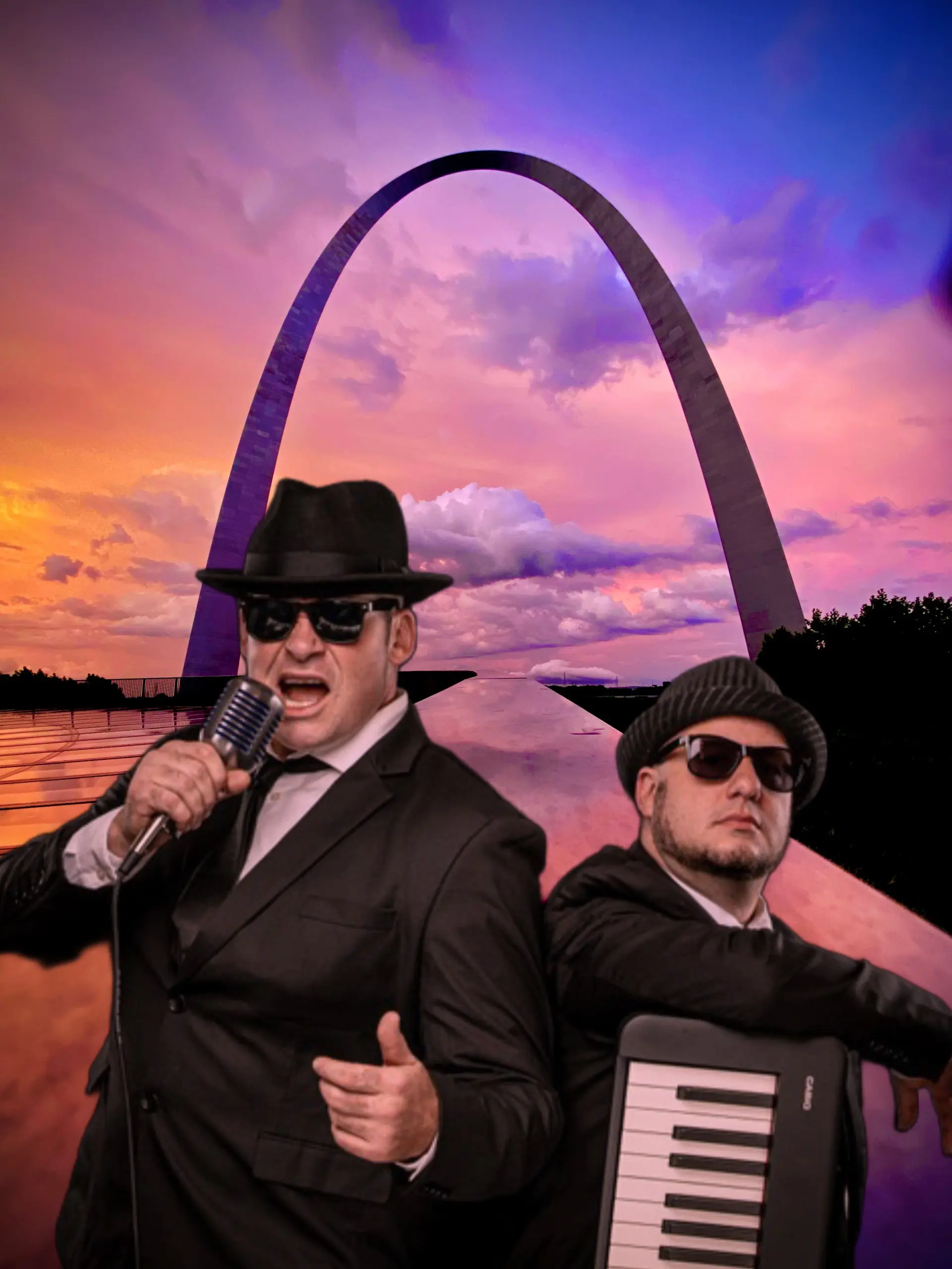 Cider Shed Live Music; Dueling Piano and Comedy Show. Dressed as Blues Brothers under the Arch.