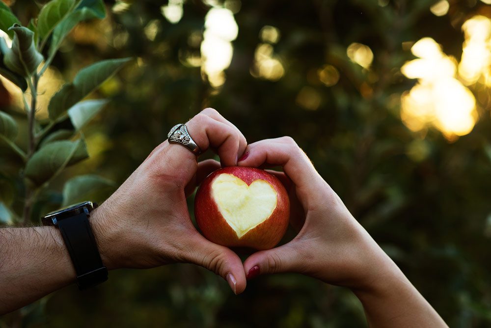 Two hands hold an apple with a heart shape carved into it.